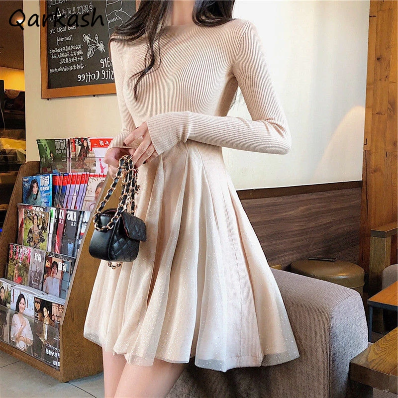 

A-line Dress Women Patchwork Elegant Slim Empire Retro Autumn O-neck Mini Vestidos Feminino Party Cozy Popular Leisure Tender