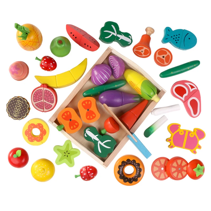 

Children's simulation kitchen toys wooden magnetic cut fruit vegetables dessert Montessori educational toy gift for girls boys