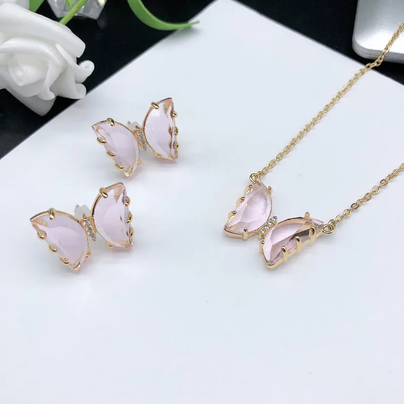 

Japanese Korean Popular Butterfly Necklace Inlaid with Purple and Pink Large Crystal Gem S925 Silver Needle Earrings Party Gift
