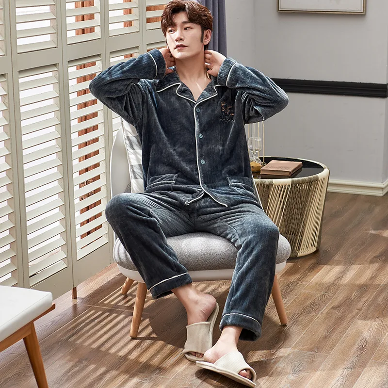 M-5XL Men'S Winter Coral Fleece Plus  Thickening Warm Flannel Homewear Pajama Set