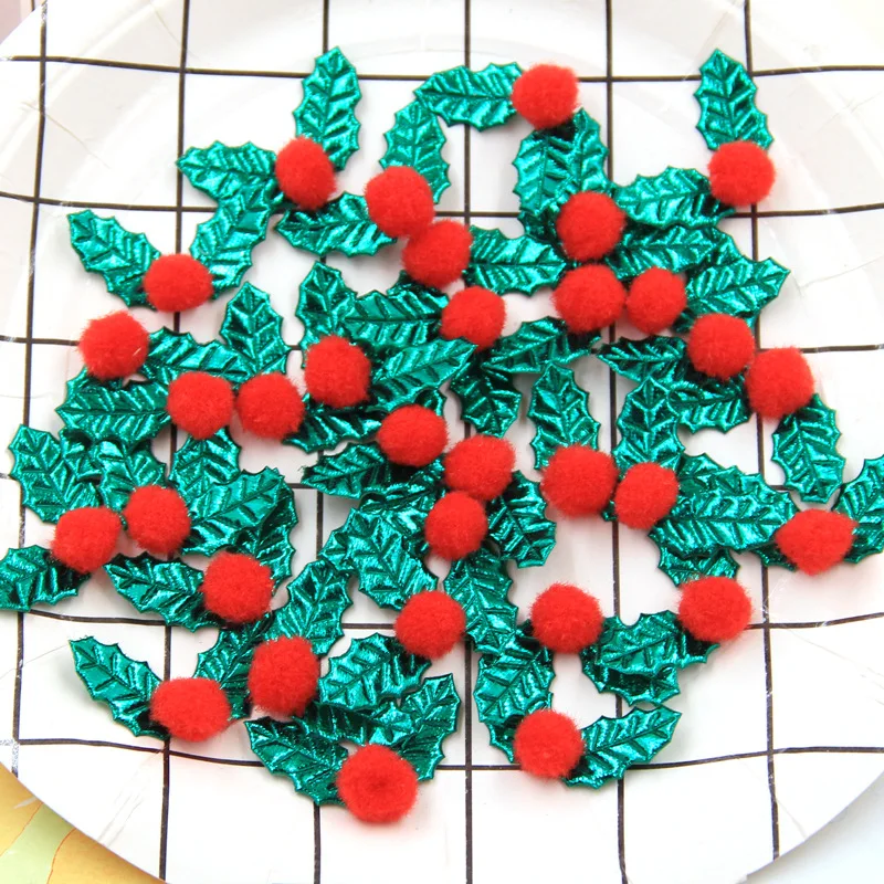 30 шт. Блестящие Зеленые лист падуба и 3D аппликации в виде Красной ягоды нашивки