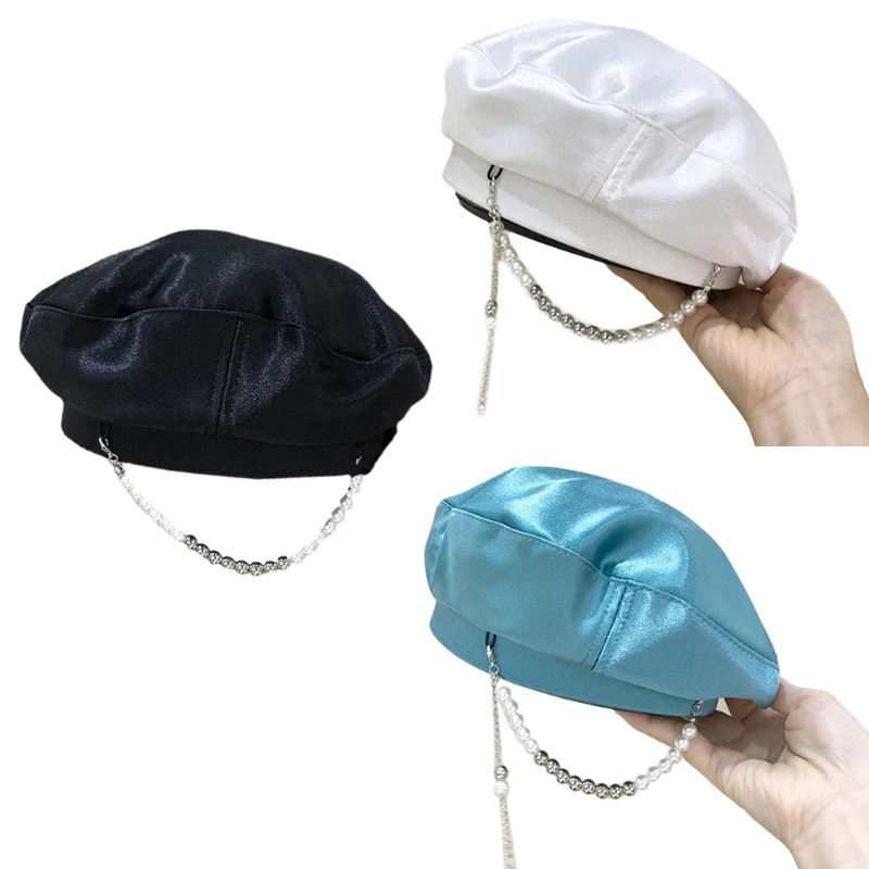 

573B Мерсеризованный берет с жемчужной цепочкой кепка газетчика художника шляпа для повседневного дня рождения