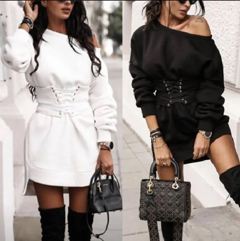 

Solid Women Fashion Autumn Long Sleeve O Neck High Waist Tight Bandage Sweatshirt Dress Oversize Sweater 2021 Sexy Party Dresses