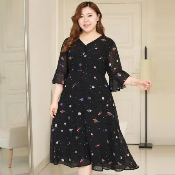 Женское платье размера плюс цветочный принт элегантное 3/4 рукав труба v образный