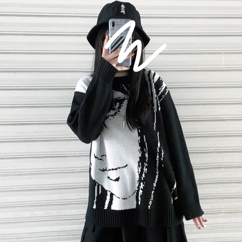 Свитер женский осенний вязаный с круглым вырезом и длинным рукавом рисунком