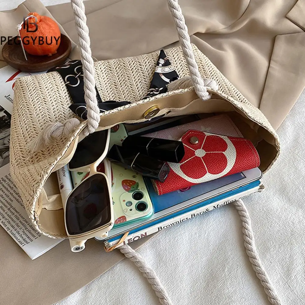 

Vintage Women Summer Bowknot Silk Scarf Straw Woven Shoulder Shopping Bag Ladies Beach Vacation Large Capacity Tote Handbags