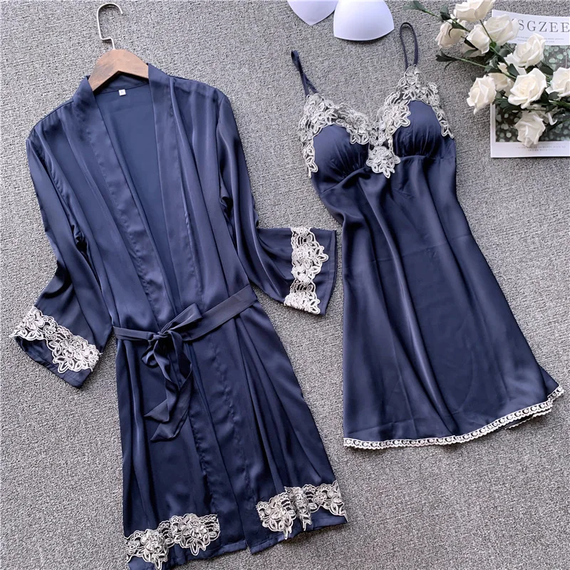 

silk robe & gown set sexy sleepwear women lingerie dressing summer pajamas lace bathrobe lounge sleep set home pijamas