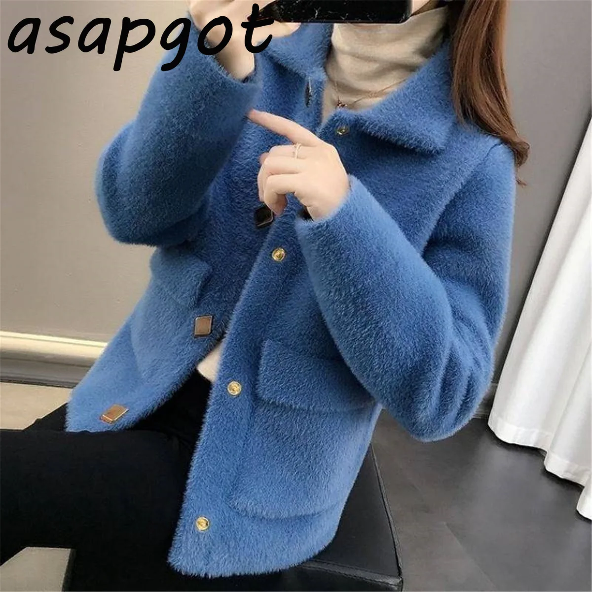 Мохеровый толстый кардиган Asapgot с отложным воротником и длинным рукавом пальто