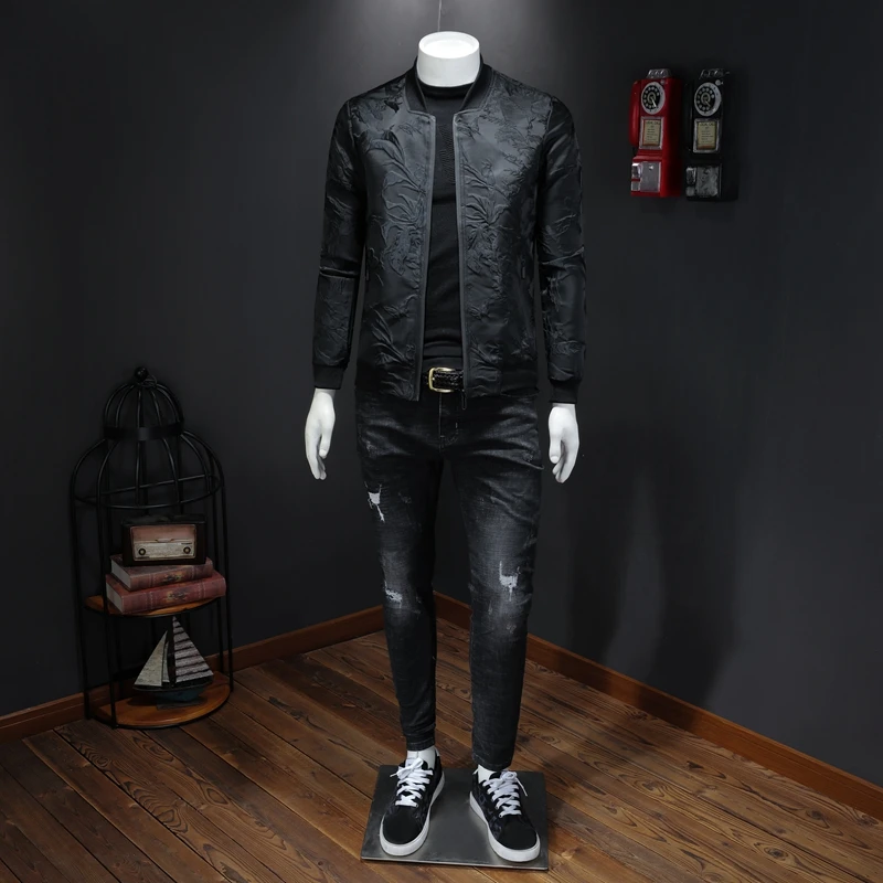 Жаккардовая Черная куртка-бомбер осенняя винтажная деловая куртка с цветочным