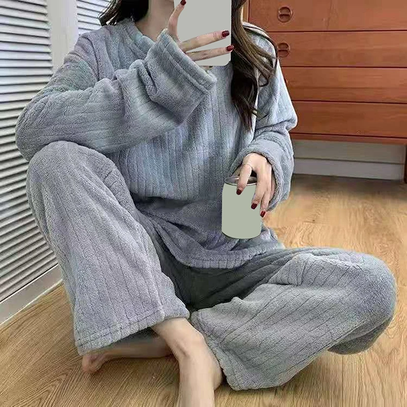

Winter Warm Women Pajamas Set Flannel Pajamas Homewear Sweatshirt Hoodies Thick Female Sleepwear Plush Pyjamas Suit Solid Color