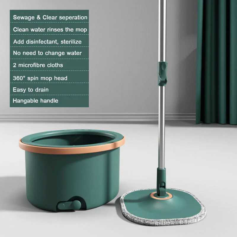 Регулируемая темно-зеленая швабра с вращением на 360 ° для мытья пола влажной и