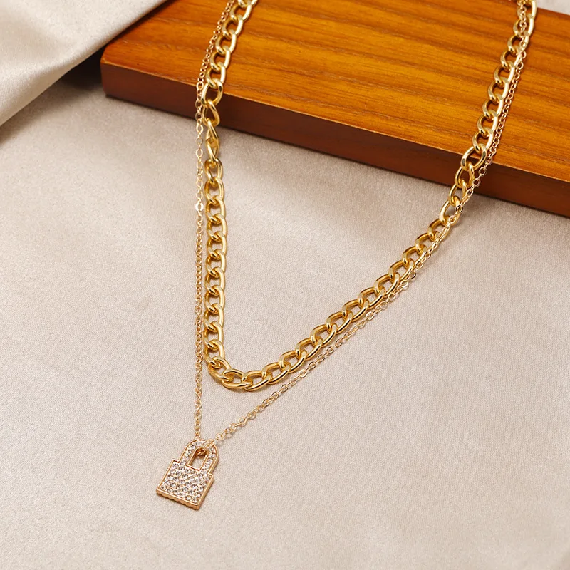 

Fashion Thick Chain Lock Choker Necklace for Women Punk Style Micro Inlay Zircon Pendant Multilayer Necklace Hot Selling Jewelry