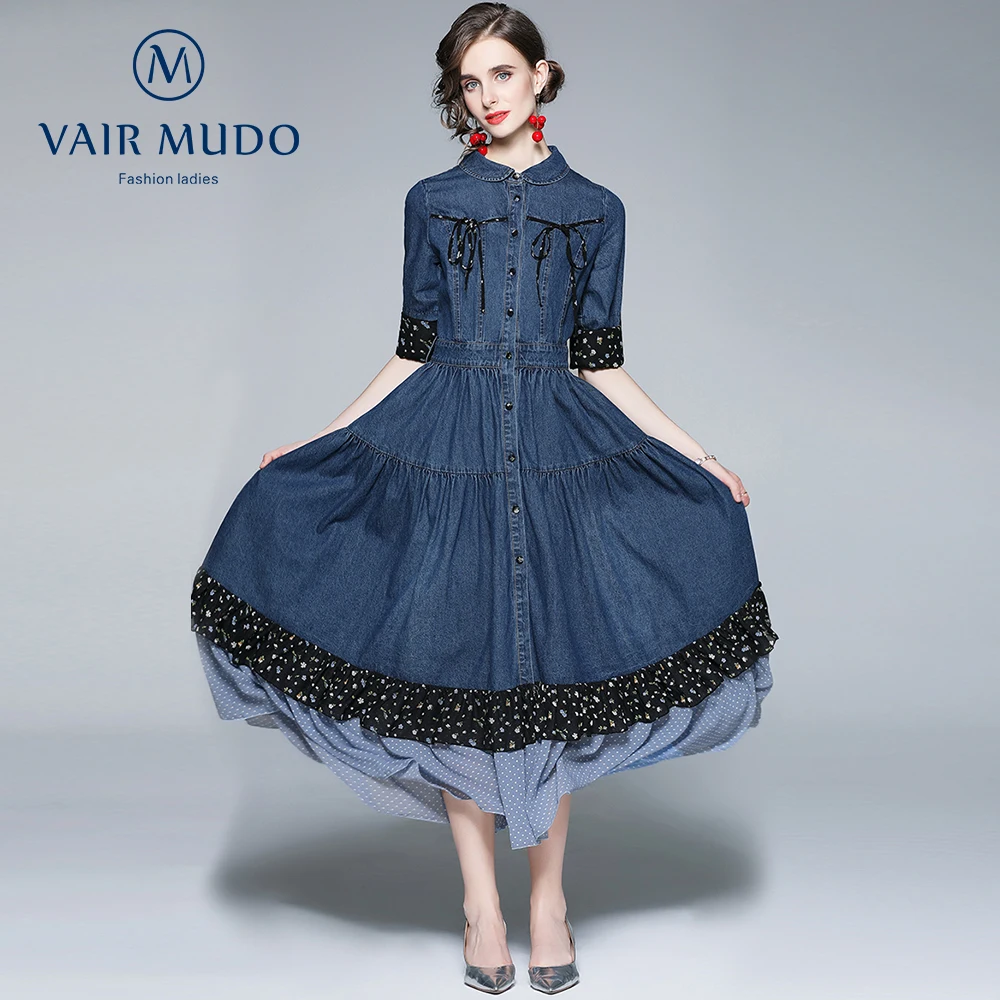 

Retro denim skirt dress 2021 new long-sleeved waist belted ruffled large swing dress elegant fashion dress women blue Y-569