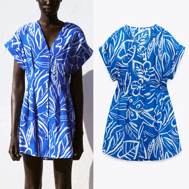 

Summer Print Pleated Mini Dress Women Za 2021 V-neck Short Sleeve Waistband Pleats Fashion Dresses Elegant Button Female Dress
