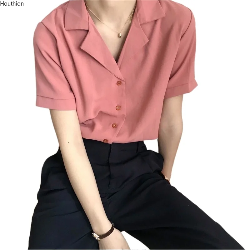 

Houthion Summer Long-sleeved Women's Blouses The New Fashion Casual Shirt Lapel Japan Loose Sexy Blouse Top
