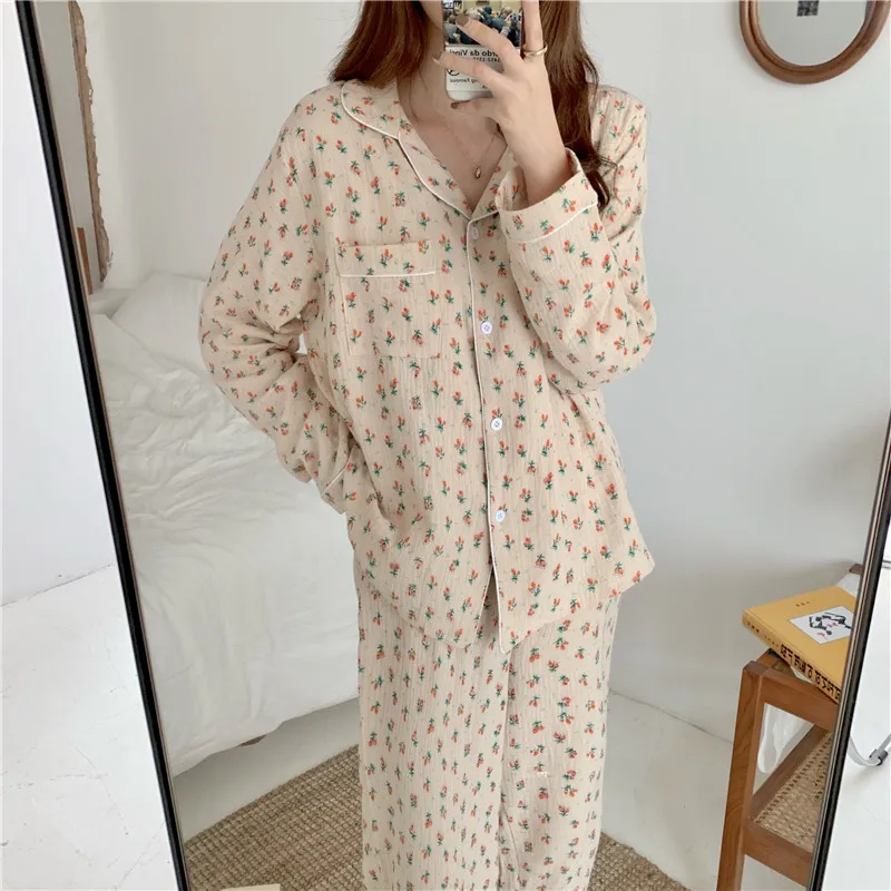 

autumn cotton home suit women pajamas set lapel collar long sleeve shirts pyjamas crepe pants sleepwear floral print 2pcs Y094