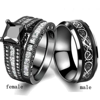 charm couple rings fashion men black stainless steel ring women rhinetones rings set bride wedding band engagement gift