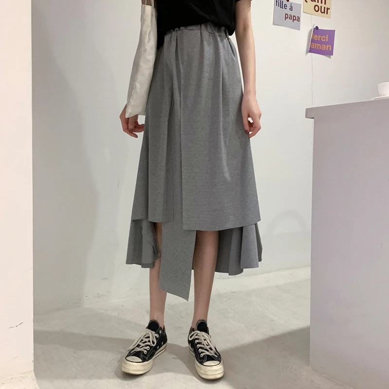 

Black irregular mid-length skirt women's summer 2021 new Korean version of all-match elastic high waist skirt