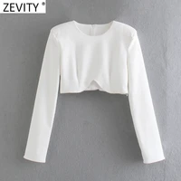 zevity women high street o neck hem sequins white short shirt lady shoulder padded blouse chic roupas femininas crop tops ls9762