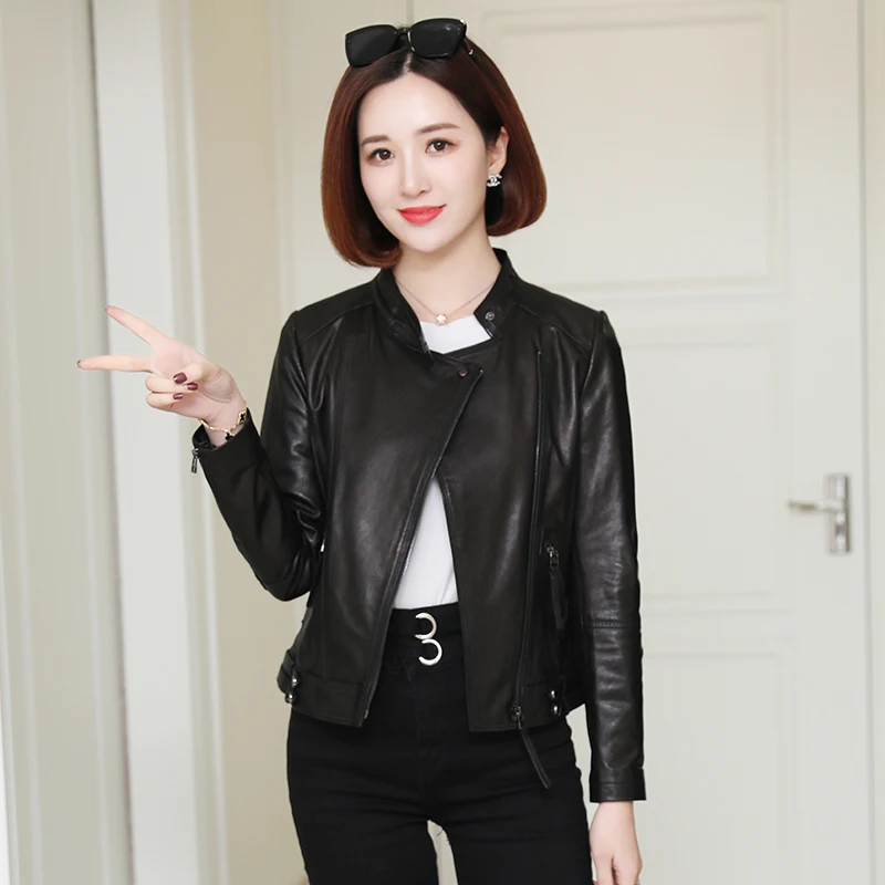 

JCHB 2021 genuine concubine Spring New leather coat women's short stand collar sheepskin jacket casual slim fit coat