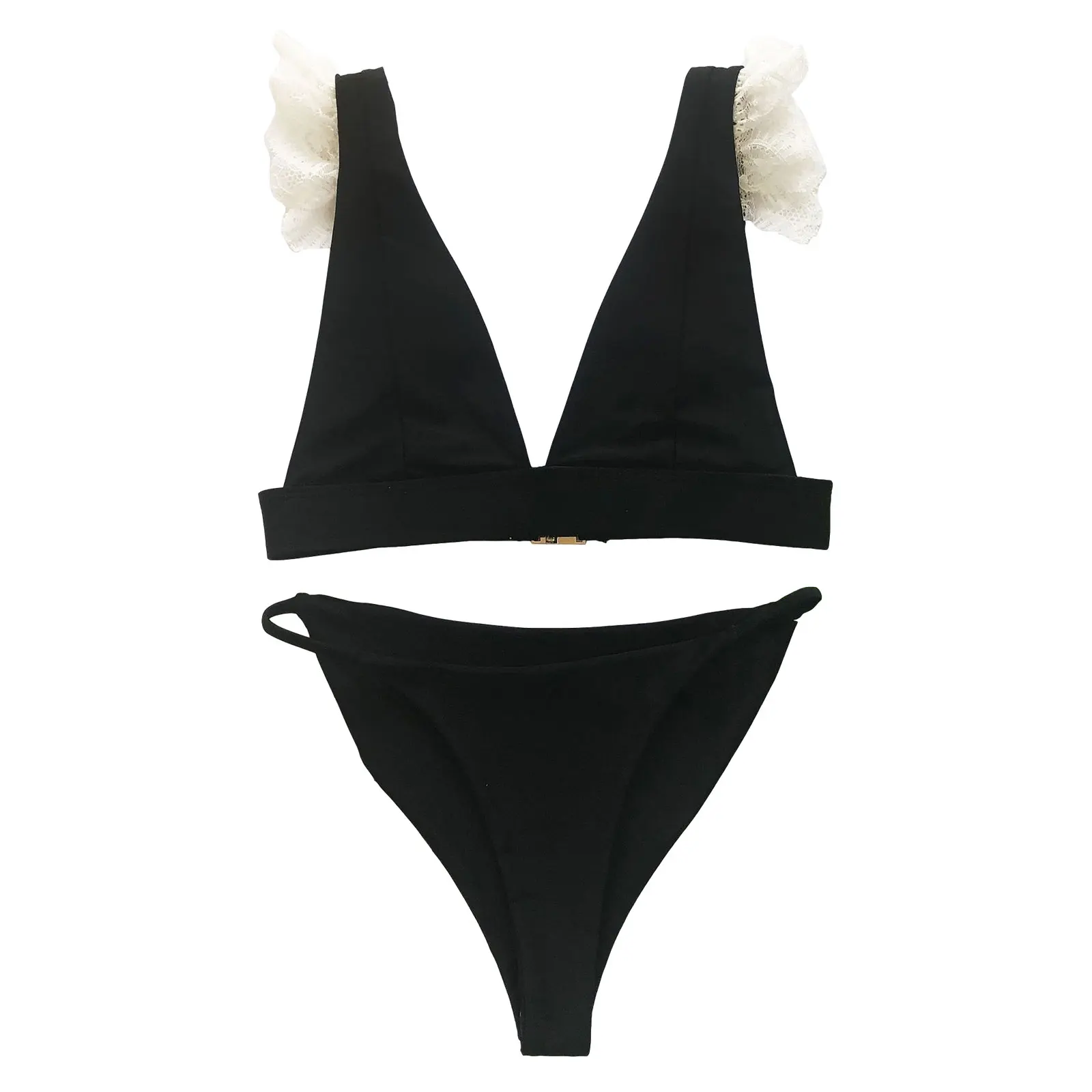 

Ladies Summer Split Swimwear Set, Adults Women Fashionable Lace Edge Solid Color Sexy Backless Bikini Swimsuit for Vacation