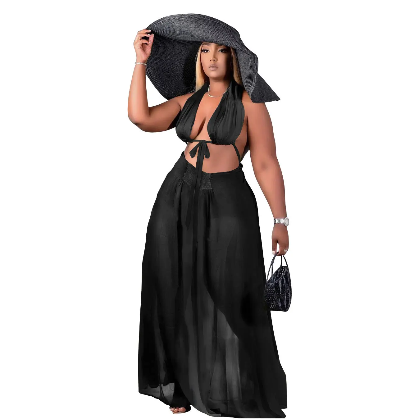 

SSEURAT Summer Chiffon Women's Set Fashion Halter Neck Crop Tops and Pleated Maxi SkirtsTwo 2 Piece Set