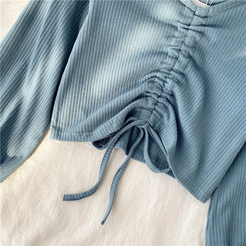 

Sexy V Neck Ribbed Cropped T-shirt Women Elegant Drawstring Tie Up Ruched T Shirt Streetwear Solid Slim Crop Top New Autumn