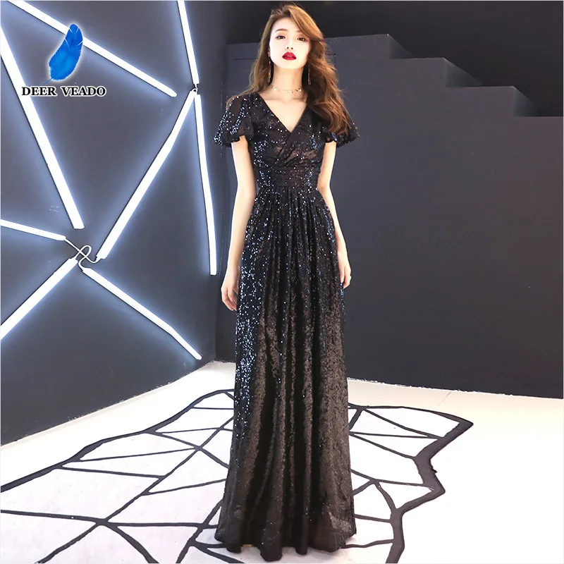 

DEERVEADO 2020 Elegant Evening Dresses Long Black Sequins Formal Dress Party Dresses Evening Gown Robe De soiree XYG844