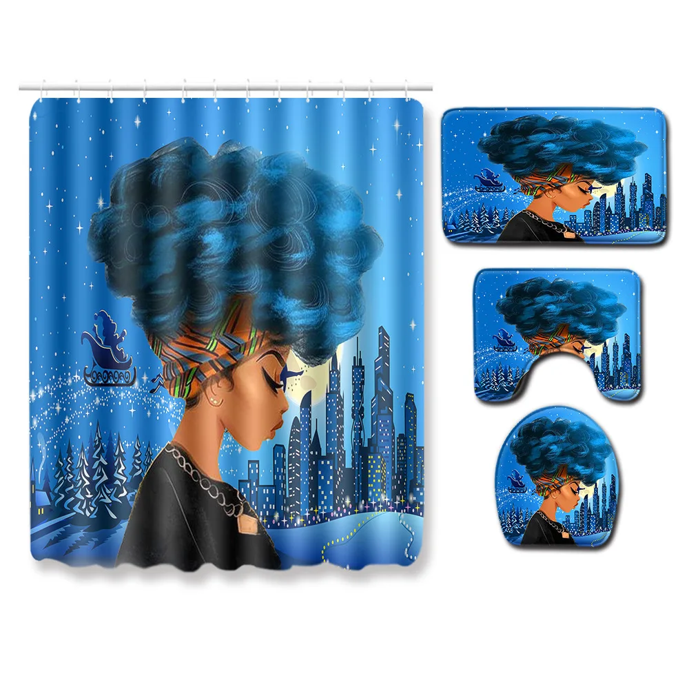 

Zeegle Christmas Bathmat Set Bathroom Creative Floor Mat Anti-slip Toilet Shower Curtain Set Printed Cartoon Toilet Foot Rug