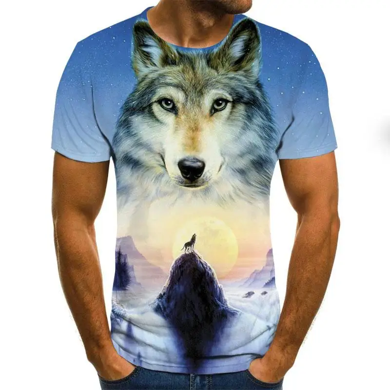 

Cute Wolf Pattern Fashion T-shirt Short Sleeve Men's Summer Fashion Top Animal Print Men's Clothing Casual Oversized T-Shirt