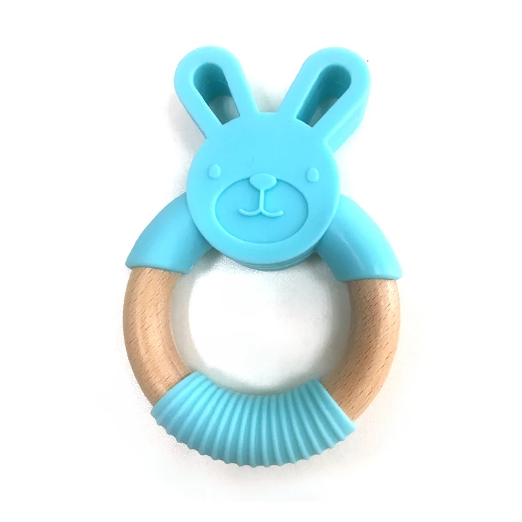 5PCS Silicone Bunny Teething Ring Natural Wood Nursing Accessories Food Grade Silicone Baby's Sore Gums Infant Teether Toys