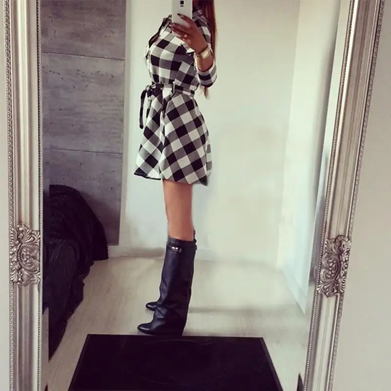 

2019 Fashion Women Long Sleeve Short Dress 3/4 Sleeve Shirt Dress Plaid & Checked Dress