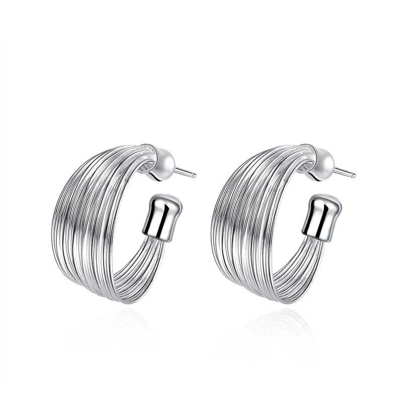 Серьги-кольца, модные, 925, серебряный цвет, серьги для женщин, 925, серебряный цвет, ювелирное изделие, бутик, много-линия, серьги,, E092
