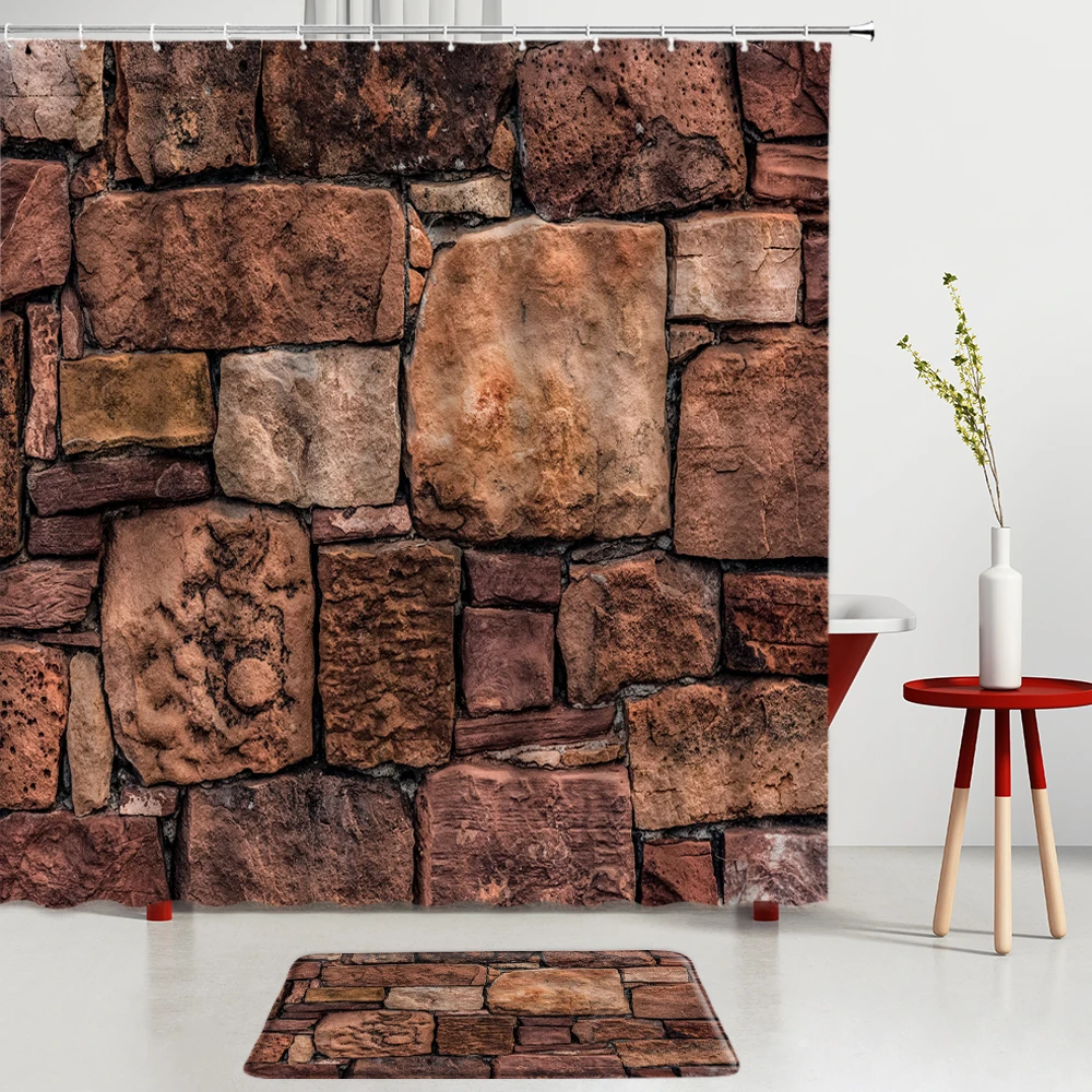 

Stone Background Wall Shower Curtains Bathroom Fun Design Bath Mats Entrance Door Mat Room Decoration Screen Non-Slip Carpet