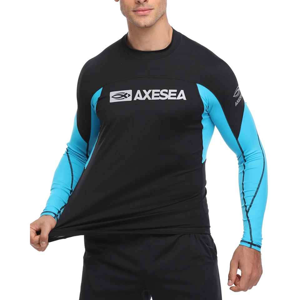 AXESEA Men Rash Guard Patchwork Swimwear Long Sleeve Rashguard Sun Protection Swimsuit Surfing Shirt Top UPF50+ Sport Beachwear