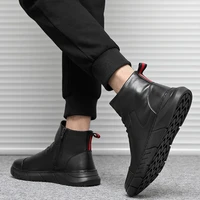 men casual shoes pure color pu high top round middle tube thickened low heel side zipper to keep warm non slip men boots