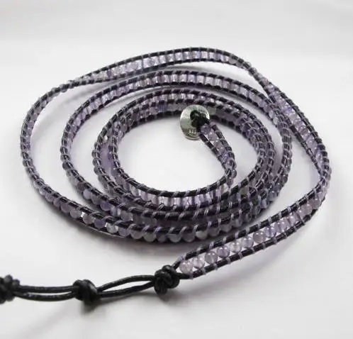 

New Arrival Unique Gemstone Bracelet Love Purple 3mm Natural Amethyst Stone With Black Leather Great Wrap Bracelet Fine Jewelry