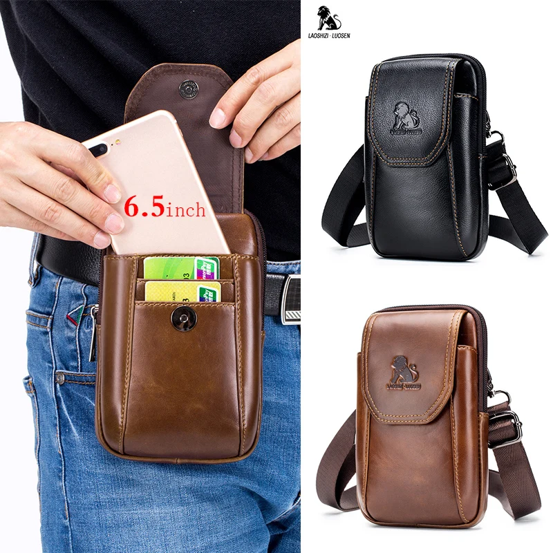 LAOSHIZI LUOSEN поясная сумка для мужчин Кожаная мобильного телефона мини через плечо