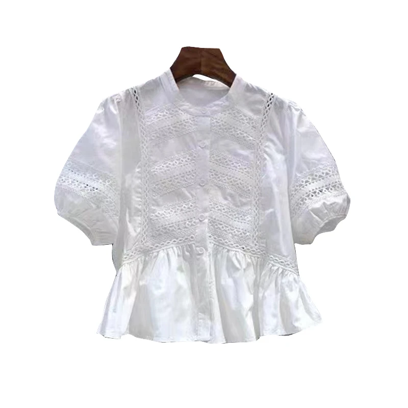 

TWOTWINSTYLE Casual Blue Patchwork Shirts For Women O Neck Puff Short Sleeve Korean Hollow Out Blouses Female 2021 Fashion Style