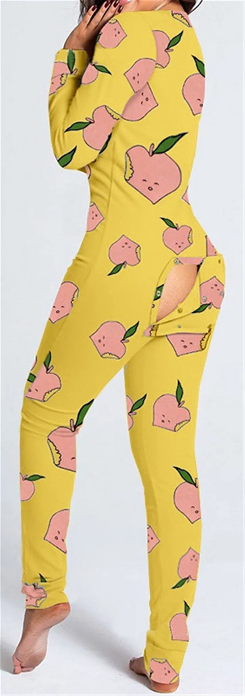 

CHRONSTYLESexy Long Sleeve Jumpsuit Women Pajamas 2021 New Sleepwear Tracksuit Rompers Butt Flap Fruit Print One Piece Outfits