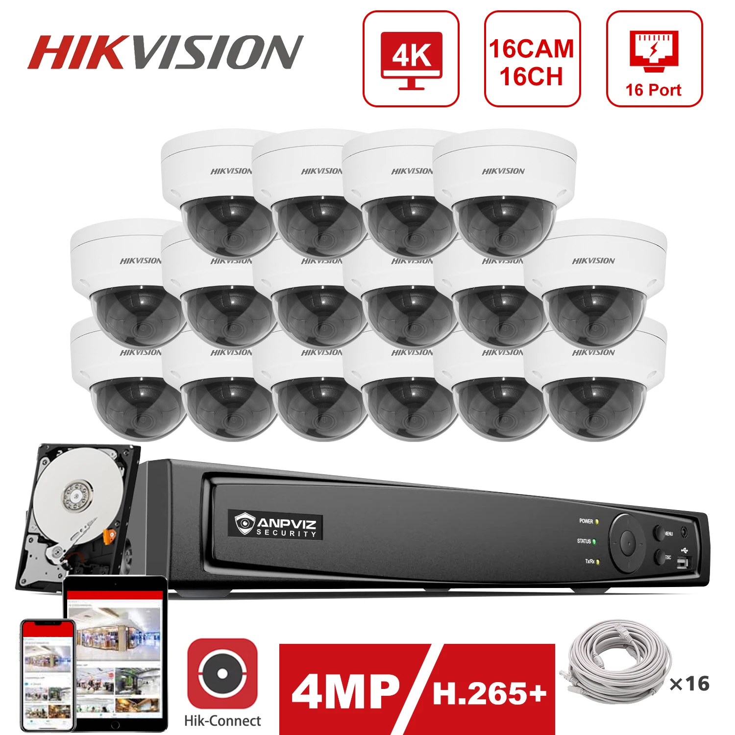 

Hikvision 4K 16CH NVR Kit 4MP IP-камера, купольная система безопасности, наружная система безопасности Hik-Connect P2P 2,8 мм 30 м IR H.265 +