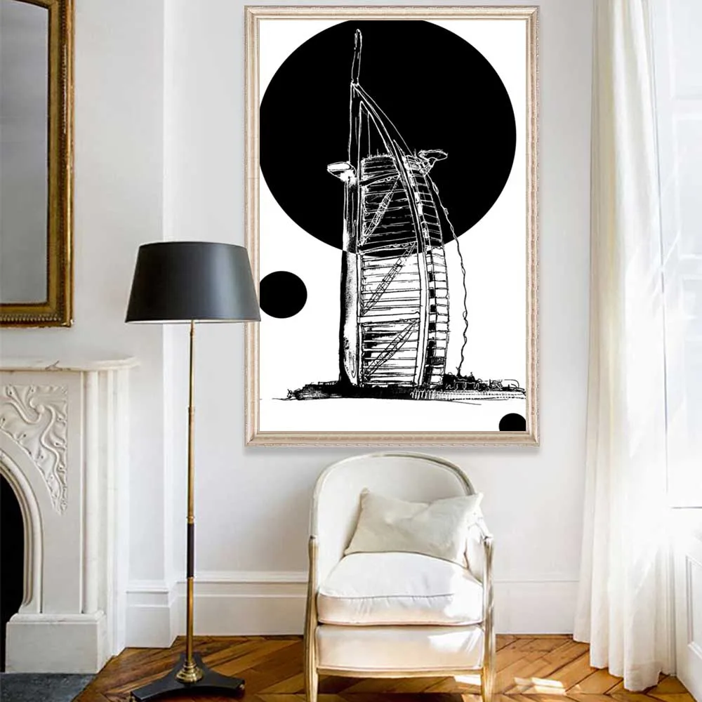 

Nordic oil painting black and white line architectural art canvas painting living room corridor office home decoration mural