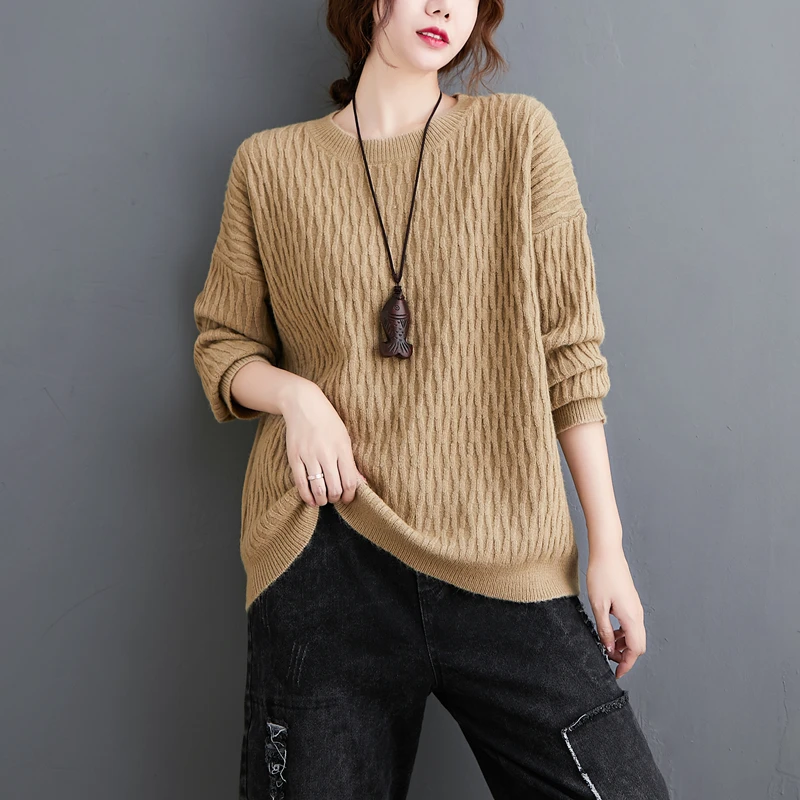 

Autumn Winter Women Knitted Sweater Diamond Pleated All-Match Simple Khaki Loose Fashion Urban Daily Elegant O-Neck Knitwear