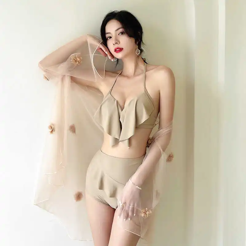 

Летнее бикини с высокой талией и разрезом, сетчатый привлекательный пляжный купальник из трех частей, лидер продаж, весенний женский купаль...