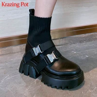 krazing pot natural leather boots increased metal button round toe thick bottom wedge winter leisure knitting ankle boots l02