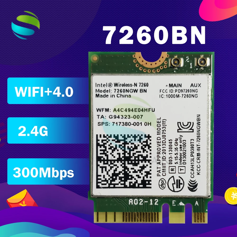 

Wireless-N 7260 Wireless Network Card for Intel 7260NGW 7260BN wifi Bluetooth 4.0 NGFF M2 Card 300Mbps wifi Adapter
