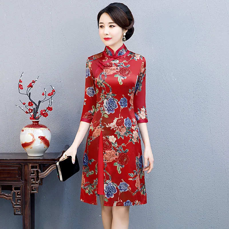 203 Модное китайское Стильное Платье До Колена Cheongsam, Новое поступление, женское шифоновое платье, элегантное платье Qipao Vestido, Размеры S M L XL XXL XXXL 189685 - Цвет: 203