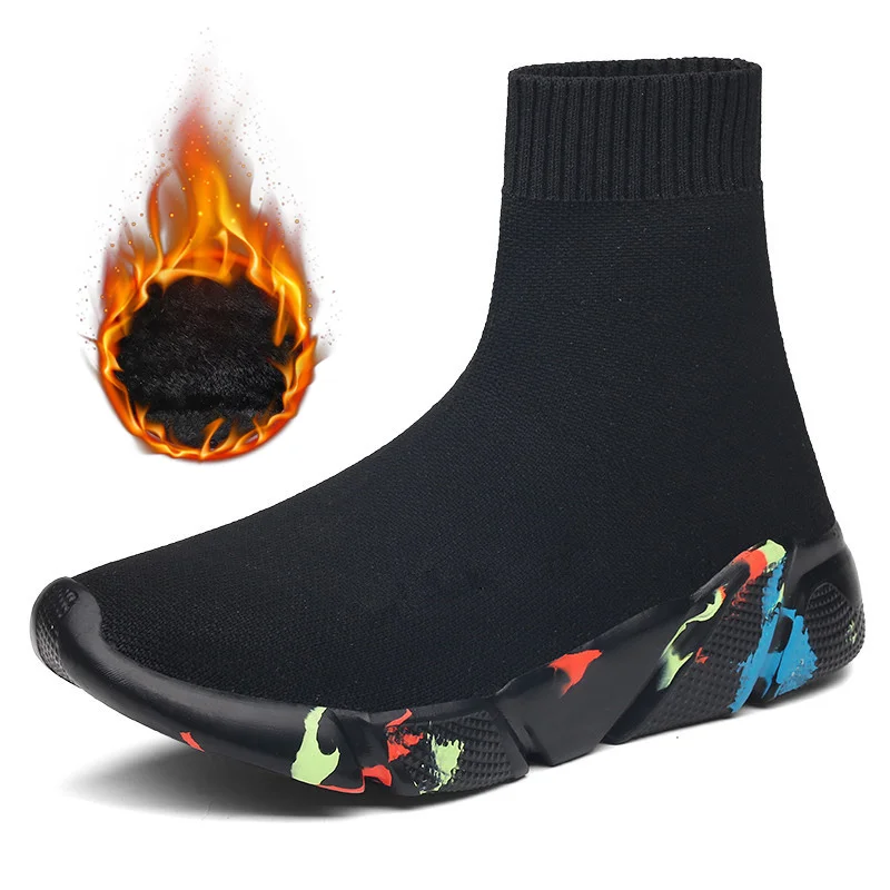 Black Mixed Color Женские кроссовки из вулканизированного материала, на плоской подошве, тянущиеся, вязаные, меховые носки, ботинки размера плюс, мужские, женские короткие ботинки, женская обувь на платформе - Цвет: Black Mixed Color