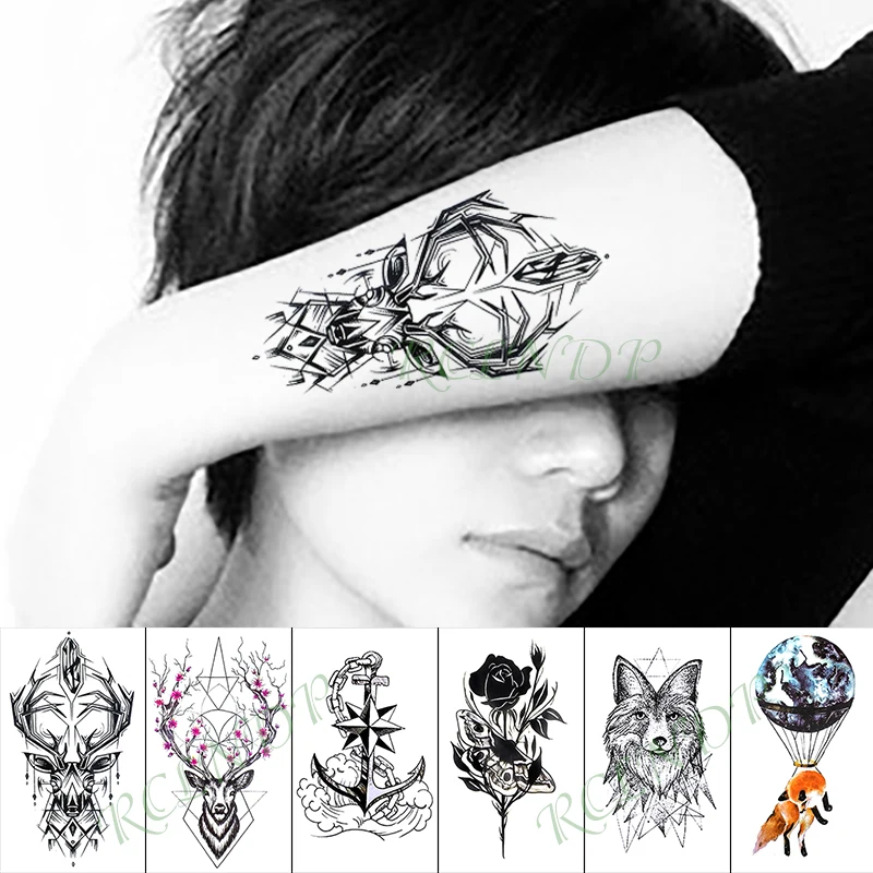 Waterproof Temporary Tattoo Sticker Deer Flower Wolf Fox Animal Fake Tatto Hand Arm Foot Flash Tatoo for Kid Girl Men Women | Красота и