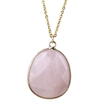 irregular oval rose quartz powder pink crystal pendant necklace stainless steel chain necklace